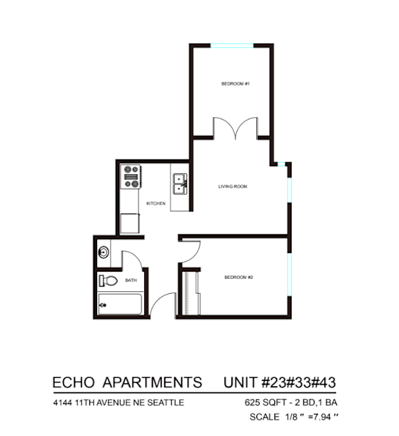 A black and white image of a floor plan for a 1/8th apartment.