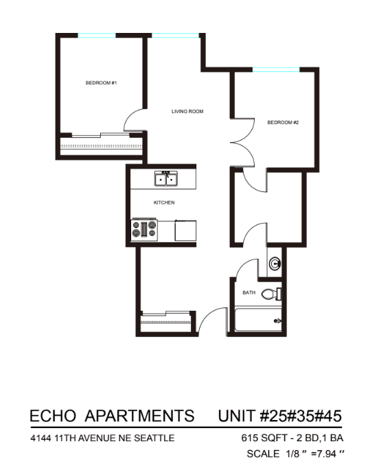A floor plan for Echo Apartments shows a kitchen with an oven, sink, and dishwasher.