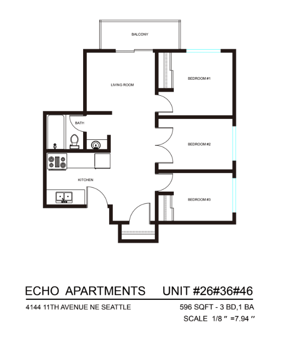 A black and white diagram of a floor plan for a three bedroom apartment.