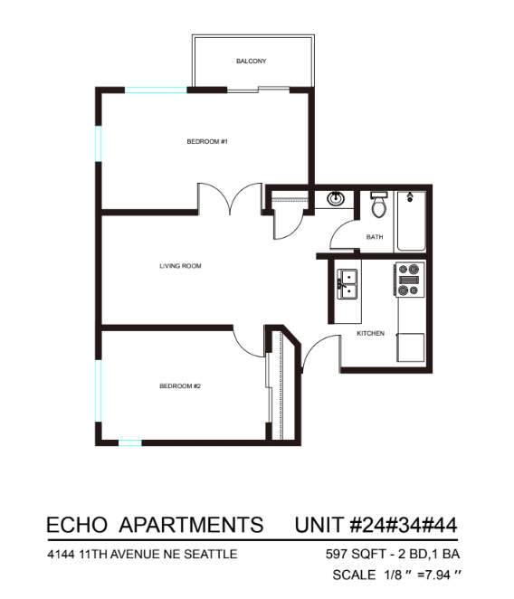 A floor plan for Echo Apartments shows two bedrooms, a living room, a kitchen, and a bathroom.