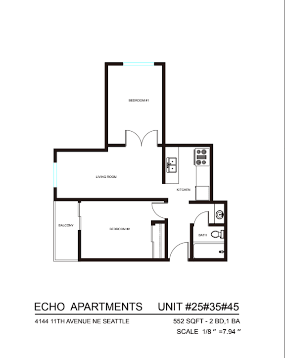 A floor plan for Echo Apartments shows a living room, a bedroom, a bathroom, a balcony, and a kitchen.