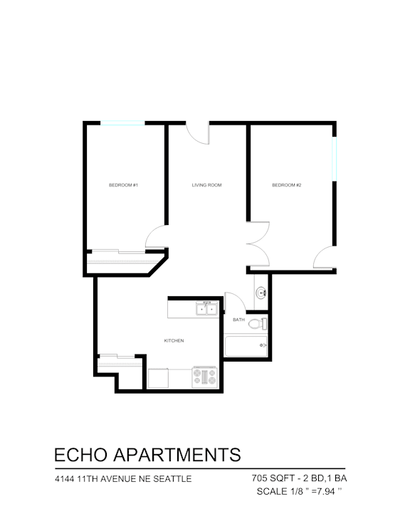 A floor plan for Echo Apartments shows three bedrooms and a living room.