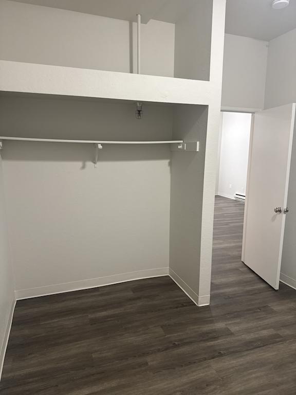 Large closet with overhead storage and exposed piping in Olympia apartment unit