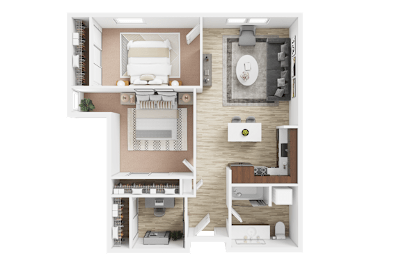 A 3D rendered image of a house layout with a kitchen, living room, and bathroom.