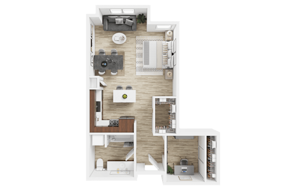 A 3D floor plan of a house showing a kitchen, living room, dining area, and bedrooms.