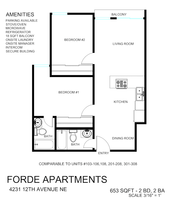 A floor plan for a 2 bedroom, 2 bath apartment.