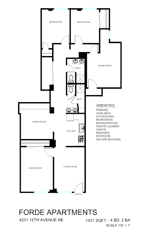 A black and white diagram of the apartment layout for Forde Apartments.
