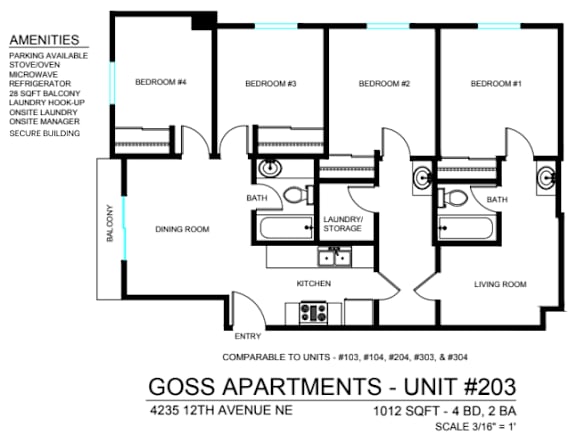 A floor plan for a 4 bedroom apartment with a living room, dining room, kitchen, and bathrooms.