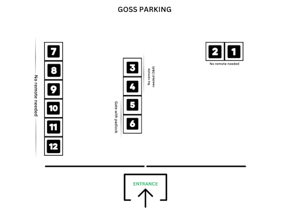 A diagram of a parking lot with numbered parking spaces and some with restrictions.