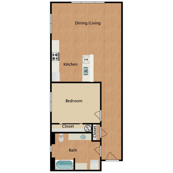 A floor plan of a small apartment with a kitchen, bathroom, and bedroom.