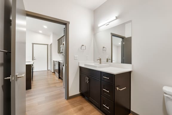 A bathroom with a sink, mirror, and cabinets.