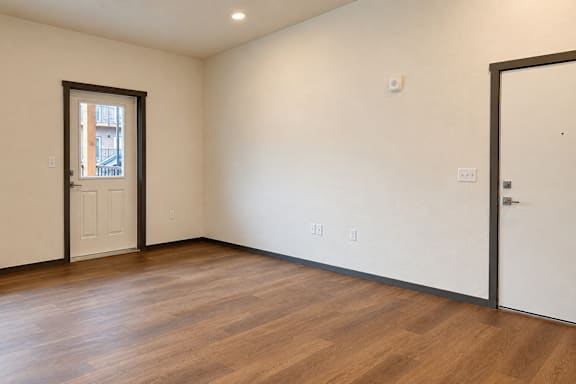 A room with a wooden floor and a door on the right side.