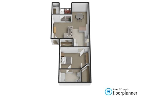 A floor plan of a two-story apartment with a living room, dining room, kitchen, and bedrooms.