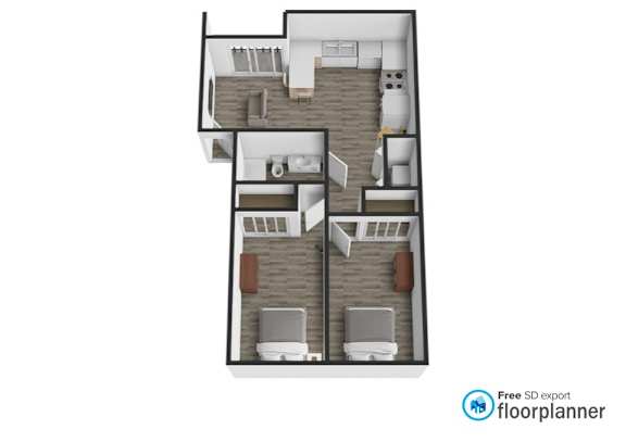 A floor plan of a two-bedroom apartment with a living room, kitchen, and bathroom.