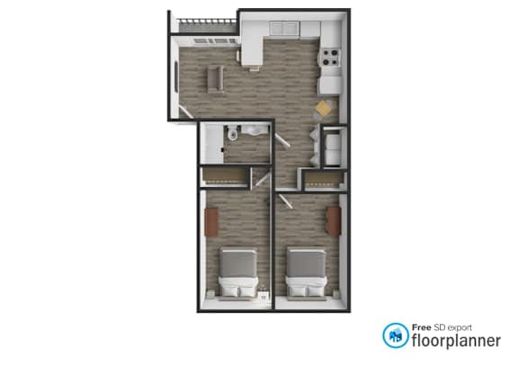 A floor plan of a small apartment with a kitchen, living room, and two bathrooms.
