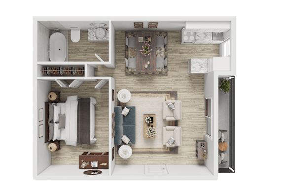 A top-down view of a small apartment with a kitchen, living room, and bathroom.