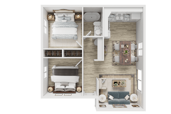 A 3D floor plan of a small apartment with a living room, kitchen, and two bedrooms.