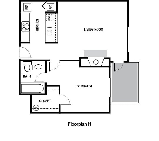 Floor Plan 1 bed 1 bath 593 sq. ft. at Charbonneau Apartments in Seattle, WA 98101