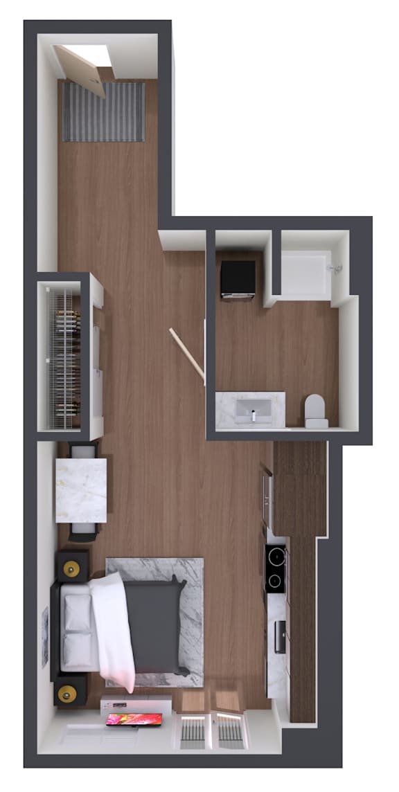 A top-down view of a modern apartment layout.