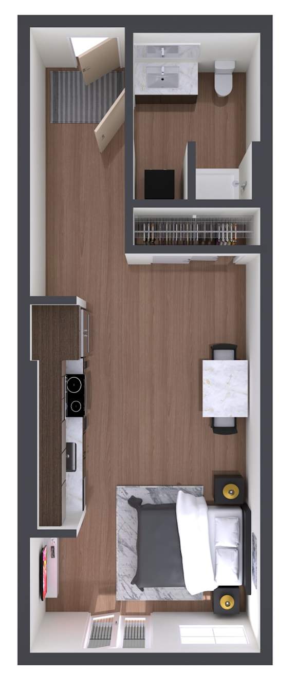 A top-down view of a small apartment with a bed, desk, and shelves.