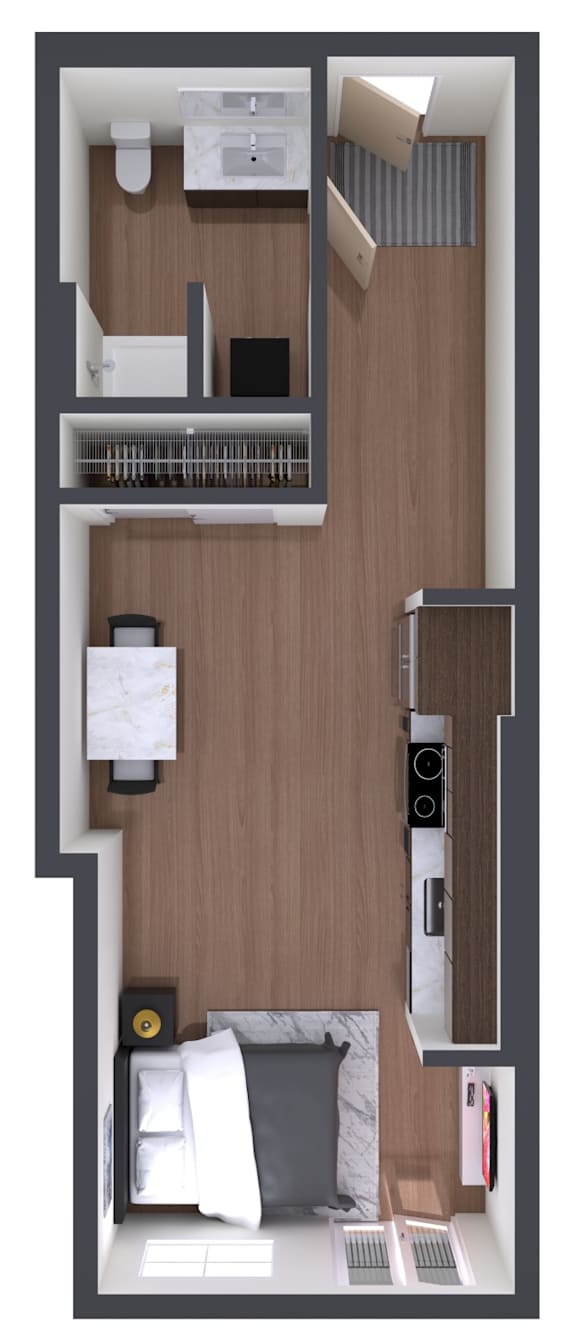 A top-down view of a small apartment with a bed, desk, and kitchenette.