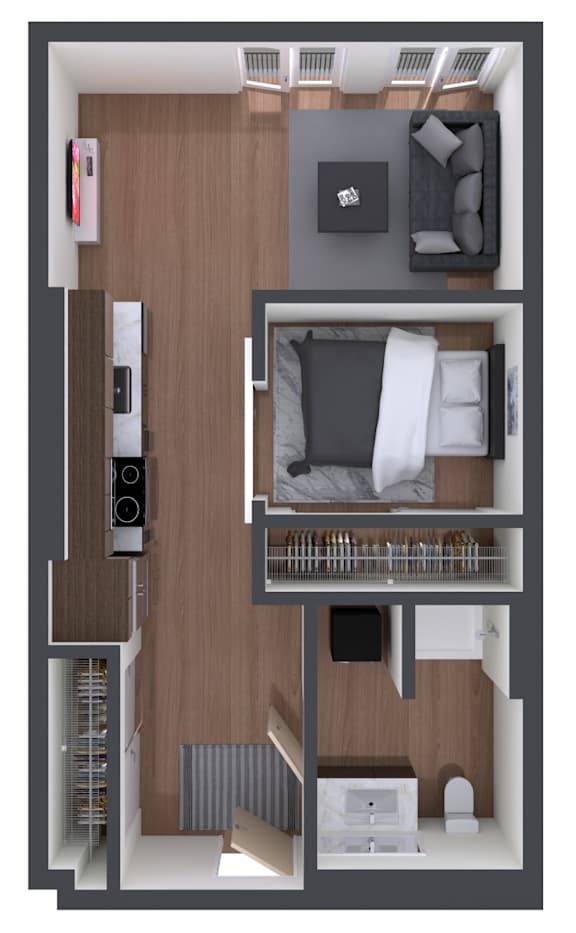 A 3D floor plan of a small apartment with a bedroom, living room, and kitchen.