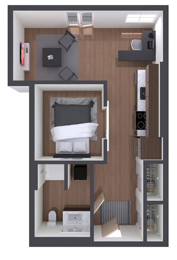 A top-down view of a small apartment with a bed, desk, and kitchenette.