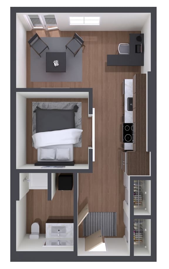 A 3D floor plan of a small apartment with a bedroom, living room, and kitchen.