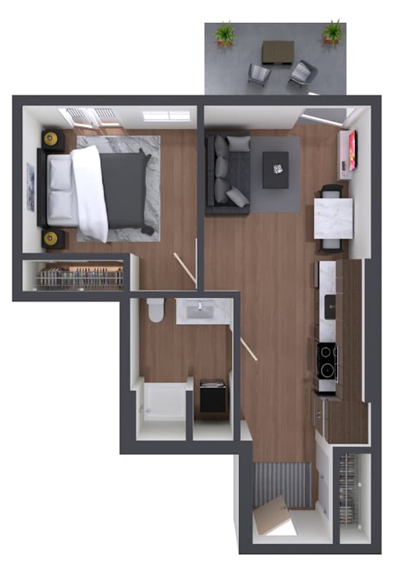 A top-down view of a room with a bed, a couch, a desk, and a chair.