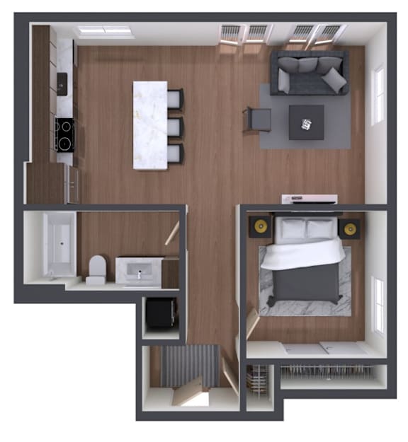 A top-down view of a small apartment with a bedroom, living room, and kitchen.
