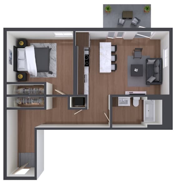A 3D rendered image of a modern apartment layout.