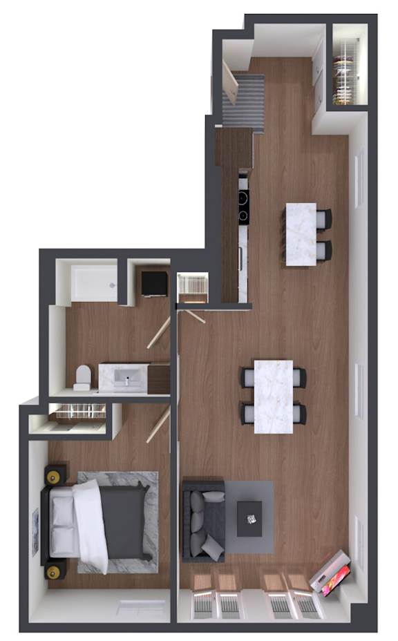 A 3D rendered image of a modern apartment layout.
