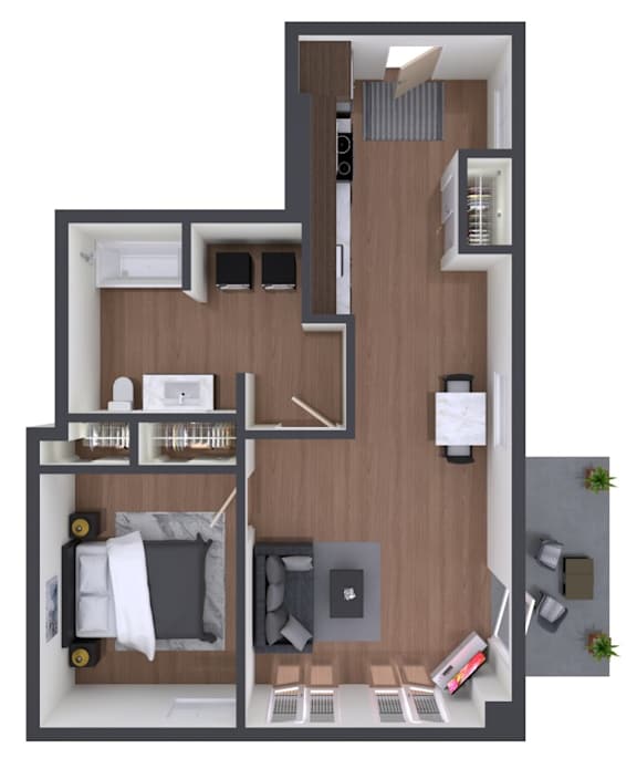 A top-down view of a small apartment with a kitchen, living room, and bedroom.