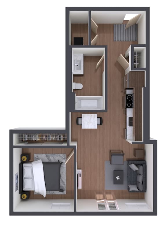 A top-down view of a small apartment with a bedroom, living room, and kitchen.