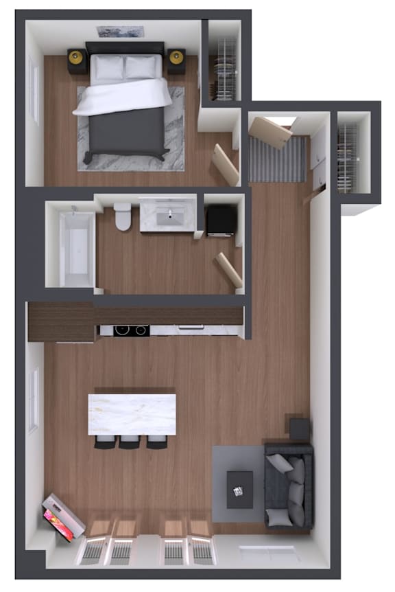 A top-down view of a small, neatly organized bedroom with a bed, desk, and chair.