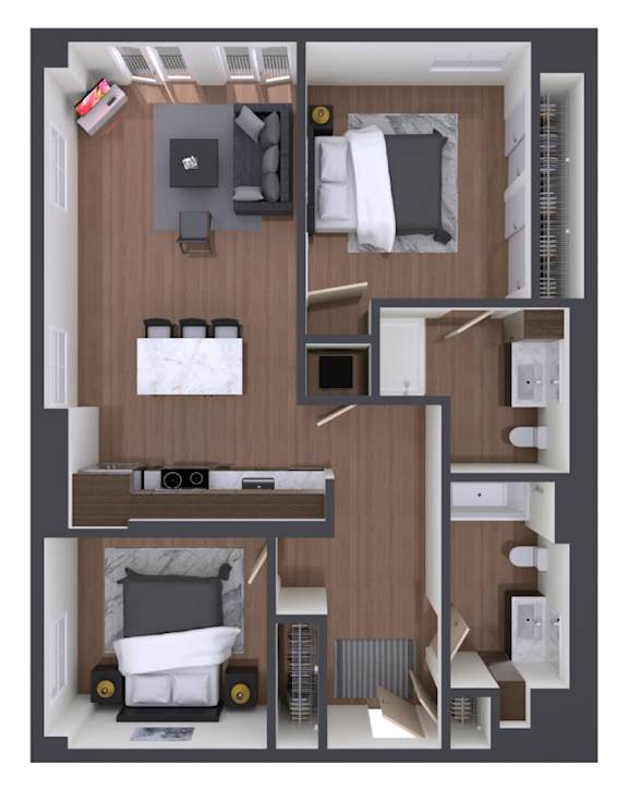 A 3D floor plan of a small apartment with a bedroom, living room, and kitchen.