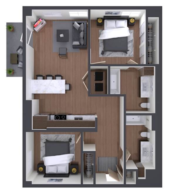 A 3D floor plan of a small apartment with a bedroom, living room, kitchen, and bathroom.
