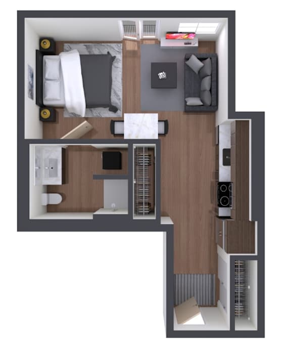A top-down view of a small apartment with a bed, desk, and kitchenette.