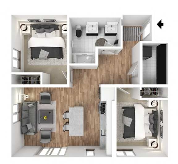 A series of images showing different layouts of a bedroom, kitchen, and living room.