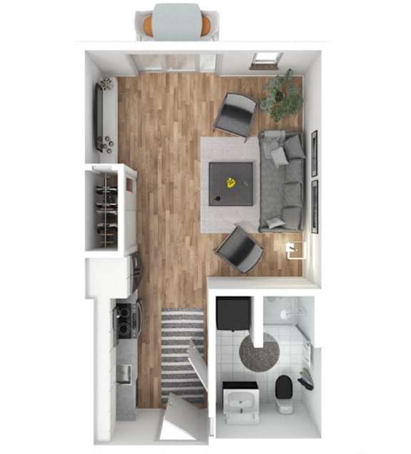 A top-down view of a small apartment with a kitchen, living room, and bathroom.
