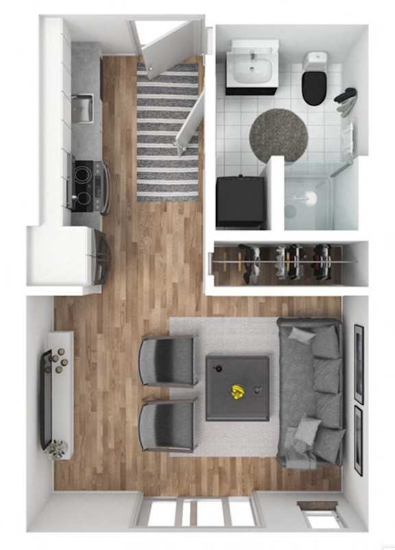 A top-down view of a small apartment with a kitchen, living room, and bathroom.
