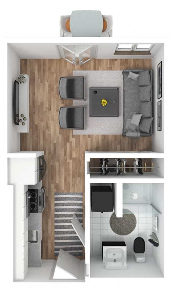 A top-down view of a small, modern apartment with a kitchen, living room, and bathroom.