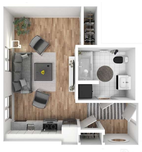 A top-down view of a small apartment with a living room, kitchen, and bathroom.