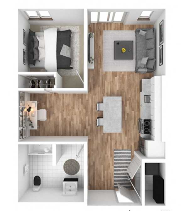 1 Bedroom 1 Bathroom Plus B.3 Floorplan at The Hub Apartments, Lacey, Washington