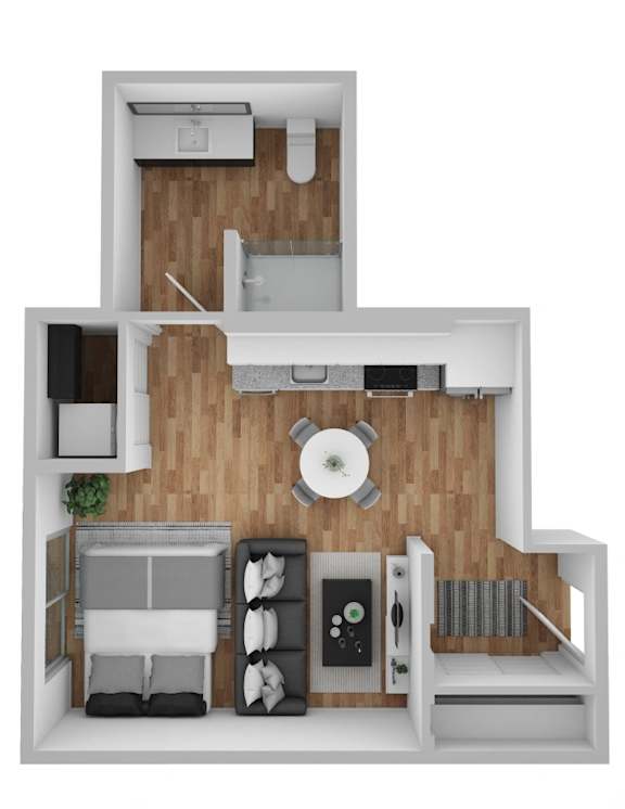 A 3D floor plan of a small apartment with a kitchen, living room, and bedroom.