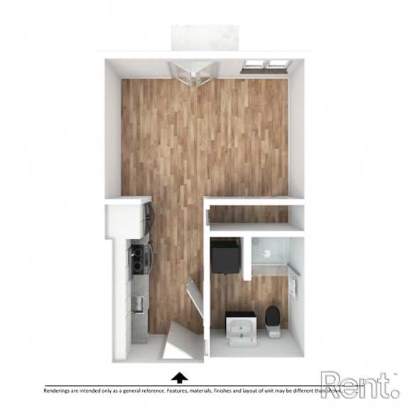 A Rentals apartment floor plan with a kitchen, living room, and bathroom.
