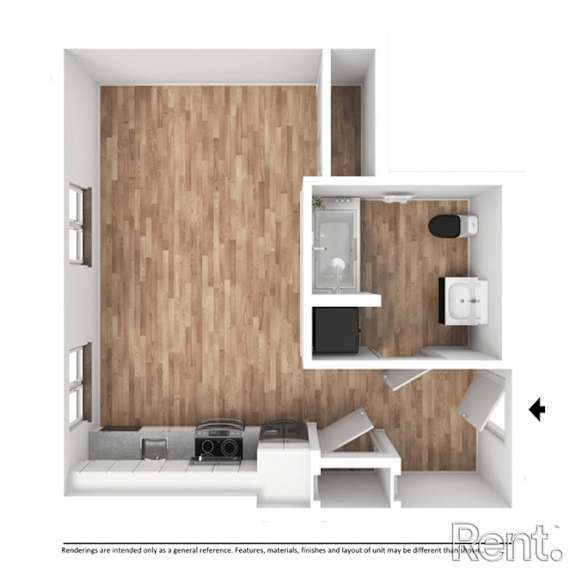 A rendering of a small, modern apartment with wood paneling on the walls.