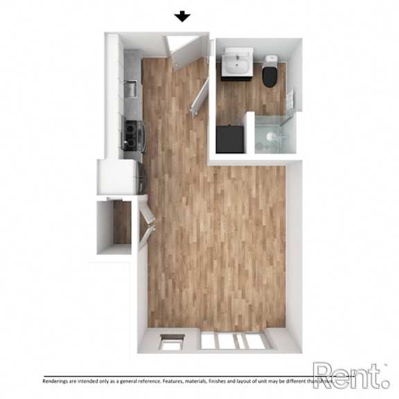 A floor plan of a room with a kitchen area, a bathroom, and a living room.
