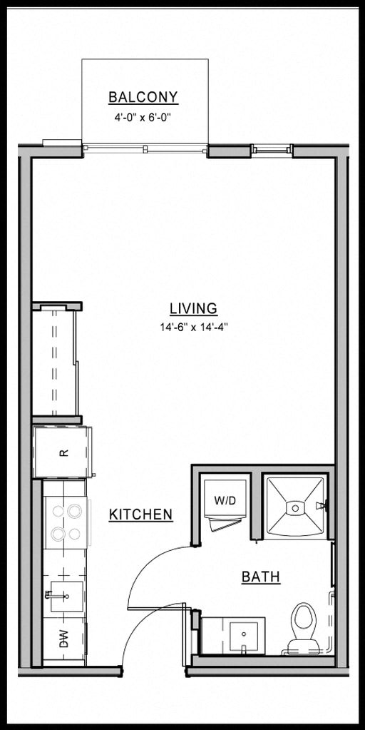 A black and white image of a floor plan for a house with a balcony, living room, kitchen, and bathroom.