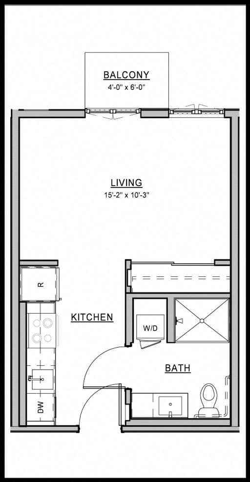 A floor plan of a small apartment with a living room, kitchen, and bathroom.